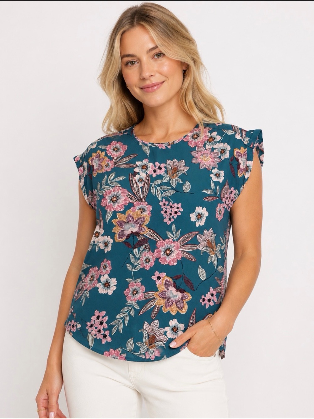 Maurices Teal Floral Cap-Sleeve Blouse - XS
